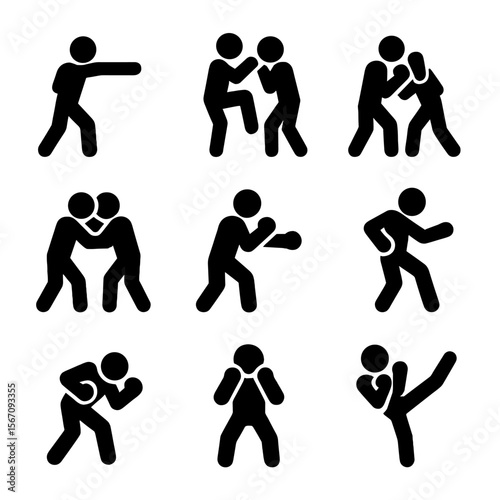 Sparring Techniques Icons. Solid, filled icon set of sparring techniques: jab punch, leg block, parry hand, clinch control,