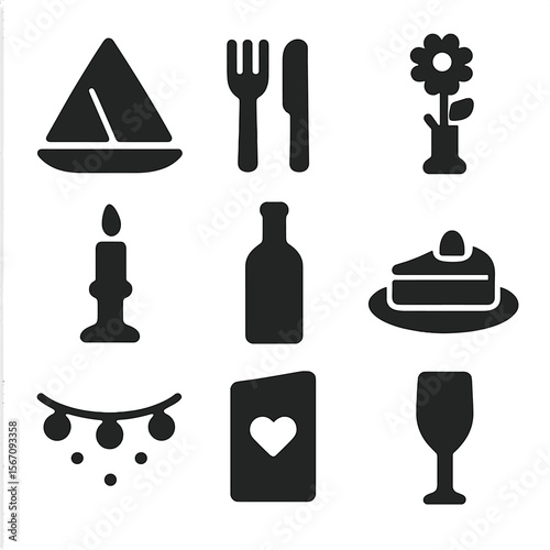Romantic Dinner Icons. Solid, filled icon set of romantic table setup: folded napkin, cutlery set, centerpiece flower, candle