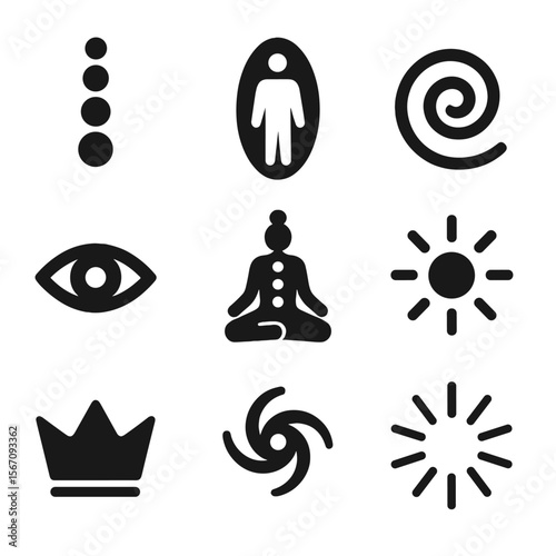 Spiritual Icon Grid. Solid, filled icon set of spiritual alignment and energy: chakra chart, aura field, spiral icon, third eye,