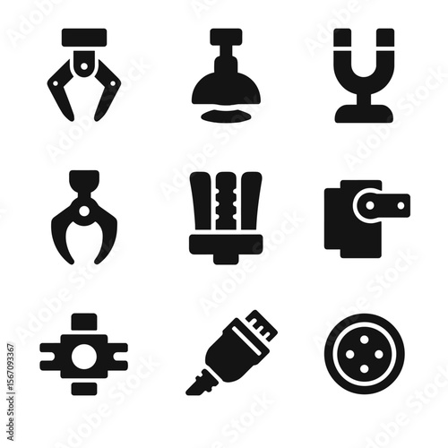 Robotic Grippers Icons. Solid, filled icon set of gripping head mechanisms: robotic gripper, parallel jaw, vacuum suction cup,