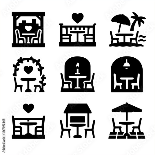 Romantic Dining Icons. Solid, filled icon set of romantic dining locations: rooftop, balcony, beachside, garden table, candlelit