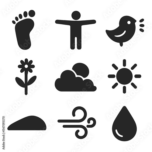 Nature Connection Icons. Solid, filled icon set of feeling connected to nature: barefoot footprint, open arms, bird song,