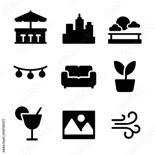 Rooftop Happy Hour Icons. Solid, filled icon set of rooftop happy hour scenes: rooftop bar, city skyline, sunset view, string