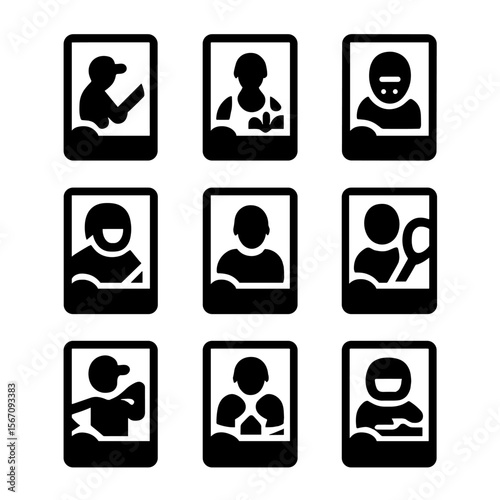 Sports Card Icon Set. Solid, filled icon set of sports trading card types: baseball card, basketball card, football card, hockey