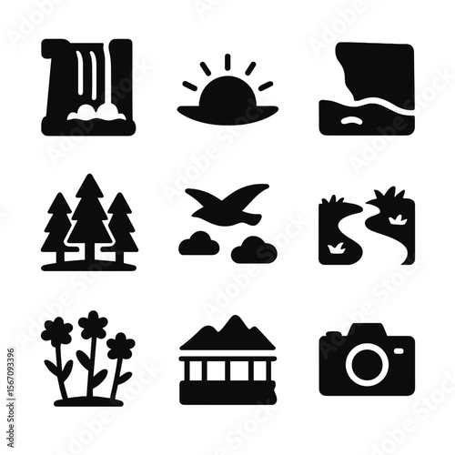 Nature Icon Grid. Solid, filled icon set of scenic nature views: waterfall, sunrise, forest trees, cliff edge, bird in sky, river