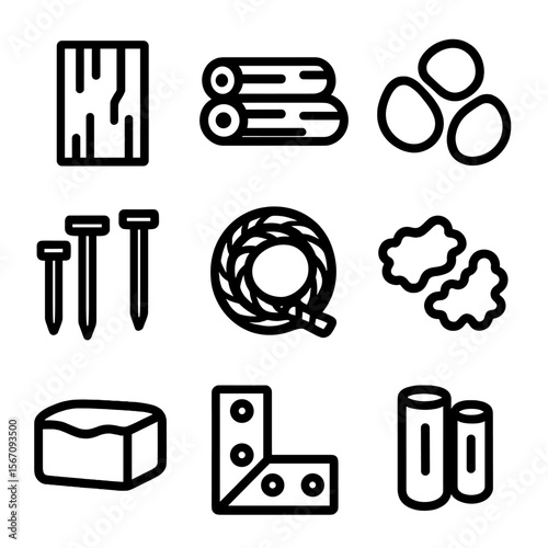 Rustic Bridge Icons. Solid, filled icon set of rustic bridge materials: oak wood, cedar logs, river stones, metal nails, hemp rope
