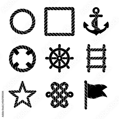 Nautical Rope Icons. Solid, filled icon set of rope-related nautical symbols: rope circle, rope border, rope anchor, rope lifebuoy