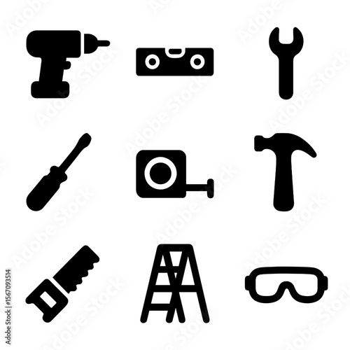Staircase Tool Icons. Solid, filled icon set of staircase installation tools: drill, level, wrench, screwdriver, measuring tape,