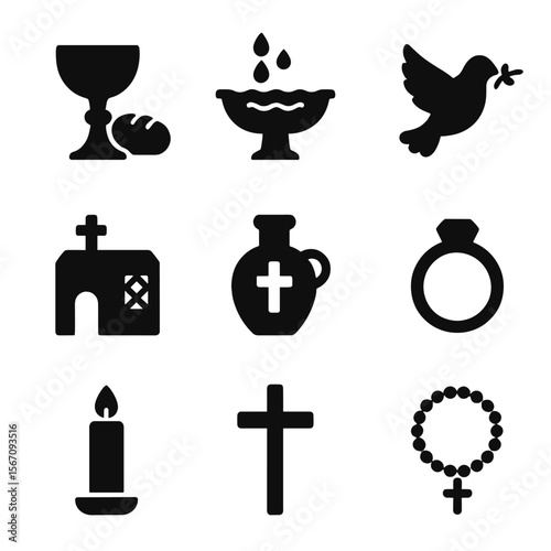 Sacramental Symbols Icons. Solid, filled icon set of sacramental symbols: bread and wine, baptismal font, confirmation dove,