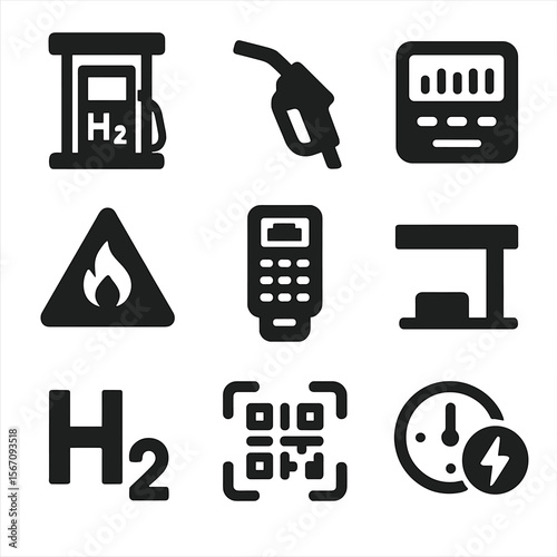 Hydrogen Fuel Icons. Solid, filled icons set of hydrogen refueling infrastructure: fuel station, dispenser