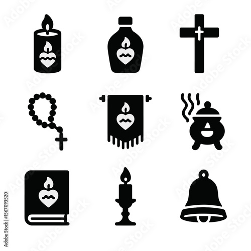 Sacred Heart Icon Set. Solid, filled icon set of sacred heart devotional items: prayer candle, holy water, crucifix, prayer beads,
