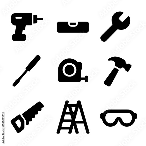 Staircase Tool Icons. Solid, filled icon set of staircase installation tools: drill, level, wrench, screwdriver, measuring tape,