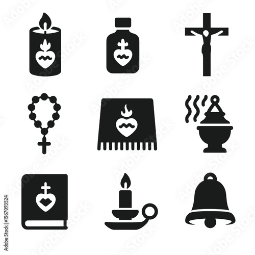 Sacred Heart Icon Set. Solid, filled icon set of sacred heart devotional items: prayer candle, holy water, crucifix, prayer beads,