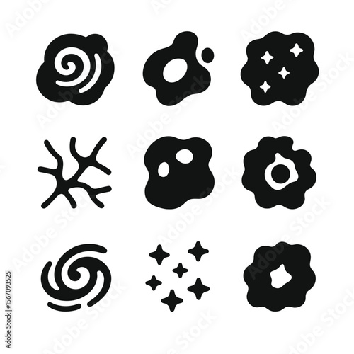 Nebula Icon Set. Solid, filled icon set of Nebula colors and shapes: swirling clouds, glowing gases, star nurseries, filament