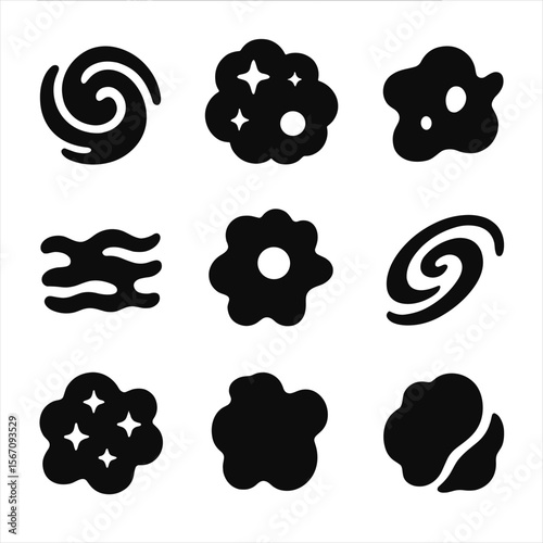 Nebula Icon Set. Solid, filled icon set of Nebula colors and shapes: swirling clouds, glowing gases, star nurseries, filament