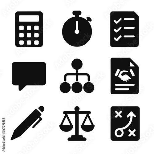 Negotiation Tools Icons. Solid, filled icon set of deal negotiation tools: calculator, timer, checklist, chat bubble, decision