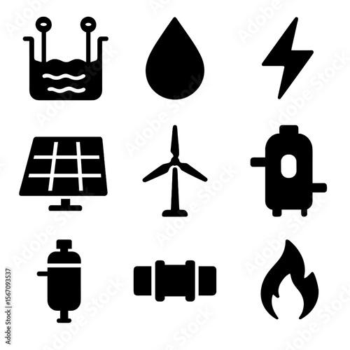Hydrogen Production Icons. Solid, filled icons set of hydrogen production methods: electrolysis icon, water