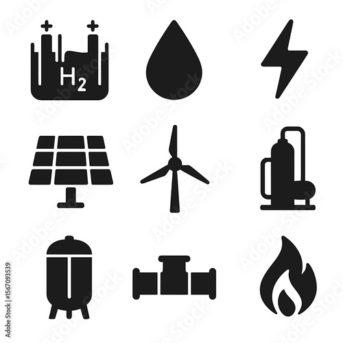 Hydrogen Production Icons. Solid, filled icons set of hydrogen production methods: electrolysis icon, water