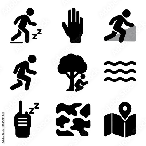 Stealth Operations Icons. Solid, filled icon set of stealth operations: silent walk, hand signal, shadow step, crouch move, tree
