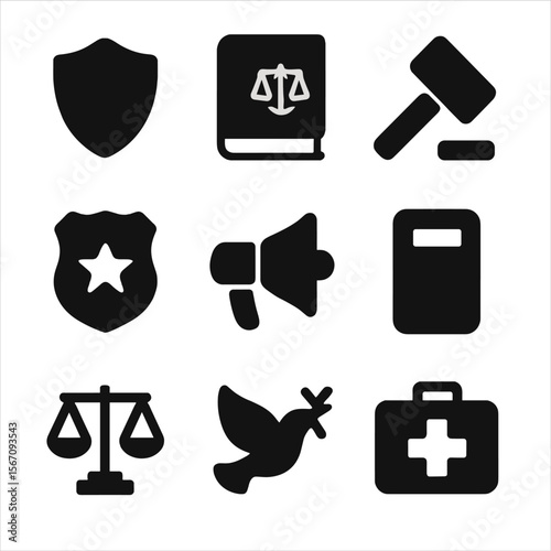 Safety and Rights Icons. Solid, filled icon set of safety and rights: shield, law book, gavel, police badge, megaphone, protester