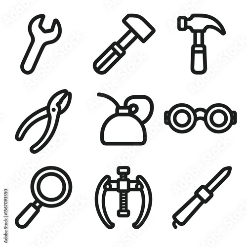 Steampunk Tools Icons. Solid, filled icon set of steampunk tools: wrench, screwdriver, hammer, pliers, oil can, goggles,