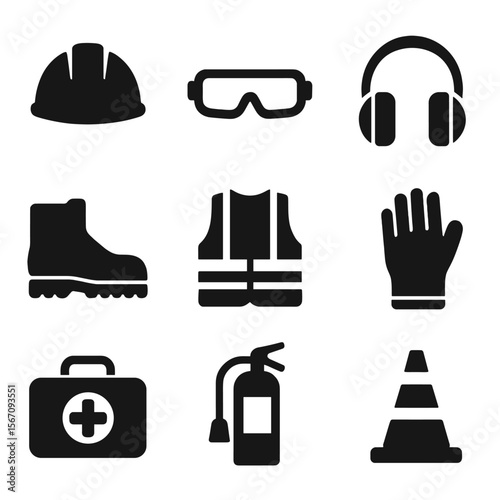 Safety Equipment Icons. Solid, filled icon set of safety equipment for repair workers: safety helmet, safety goggles, ear