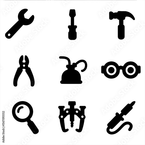 Steampunk Tools Icons. Solid, filled icon set of steampunk tools: wrench, screwdriver, hammer, pliers, oil can, goggles,