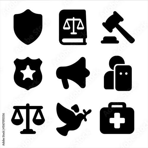 Safety and Rights Icons. Solid, filled icon set of safety and rights: shield, law book, gavel, police badge, megaphone, protester