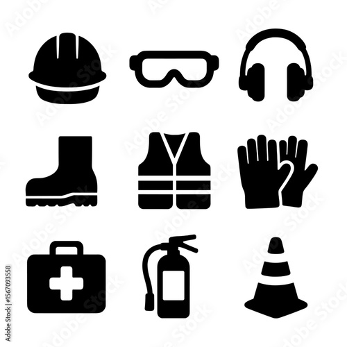 Safety Equipment Icons. Solid, filled icon set of safety equipment for repair workers: safety helmet, safety goggles, ear