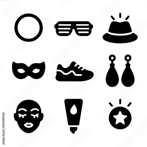 Neon Party Icons. Solid, filled icon set of neon party accessories: glow necklace, LED glasses, flashing hat, luminous mask, neon