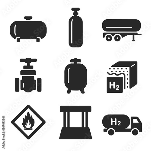 Hydrogen Storage Icons. Solid, filled icons set of hydrogen storage and transport: metal tank, cylinder