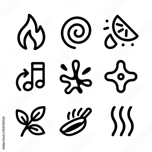 Stir-Fry Flavor Icons. Solid, filled icon set of stir-fry aromas and tastes: spicy flame, savory swirl, fresh zest, sweet note,