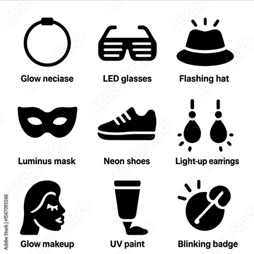 Neon Party Icons. Solid, filled icon set of neon party accessories: glow necklace, LED glasses, flashing hat, luminous mask, neon