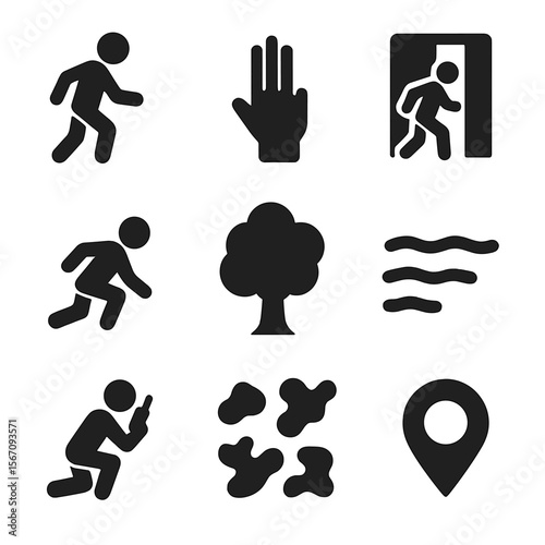 Stealth Operations Icons. Solid, filled icon set of stealth operations: silent walk, hand signal, shadow step, crouch move, tree