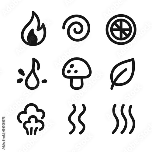 Stir-Fry Flavor Icons. Solid, filled icon set of stir-fry aromas and tastes: spicy flame, savory swirl, fresh zest, sweet note,