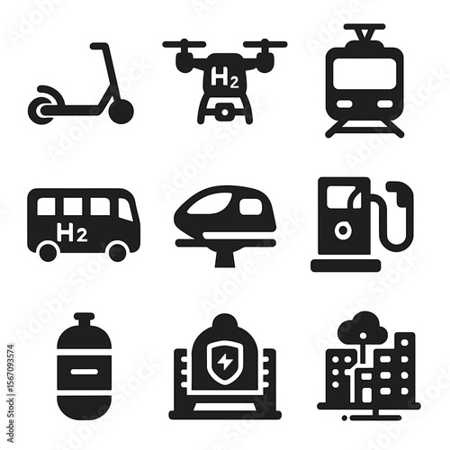 Hydrogen Mobility Icons. Solid, filled icons set of future hydrogen urban mobility: H2 scooter, hydrogen drone