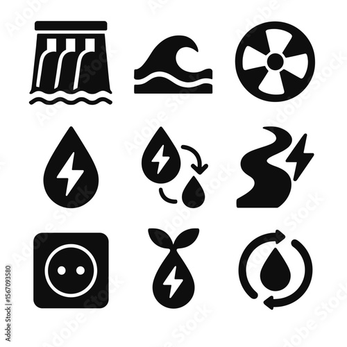 Hydropower Icons Grid. Solid, filled icons set of hydropower and water energy: hydro dam, water wave, turbine