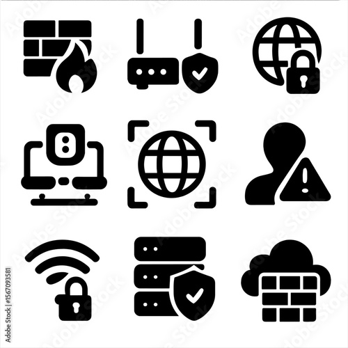 Network Security Icons. Solid, filled icon set of network security: firewall, router shield, VPN, encrypted connection, network