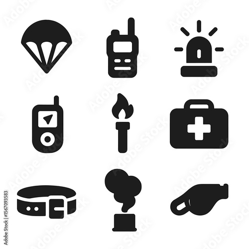 Safety Gear Icons. Solid, filled icon set of safety and emergency equipment: reserve chute, radio, emergency beacon, GPS tracker,