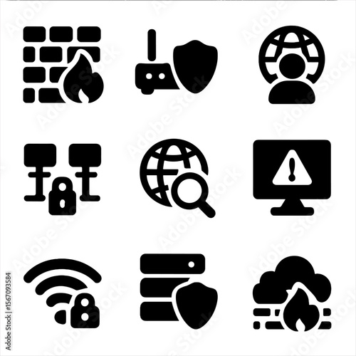 Network Security Icons. Solid, filled icon set of network security: firewall, router shield, VPN, encrypted connection, network