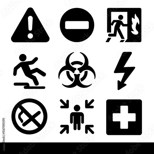 Safety Signs Grid. Solid, filled icon set of safety signs: warning triangle, no entry, fire exit, slippery floor, biohazard,