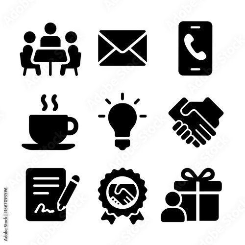 Networking Icons Grid. Solid, filled icon set of networking and collaboration: business meeting, email envelope, smartphone call,