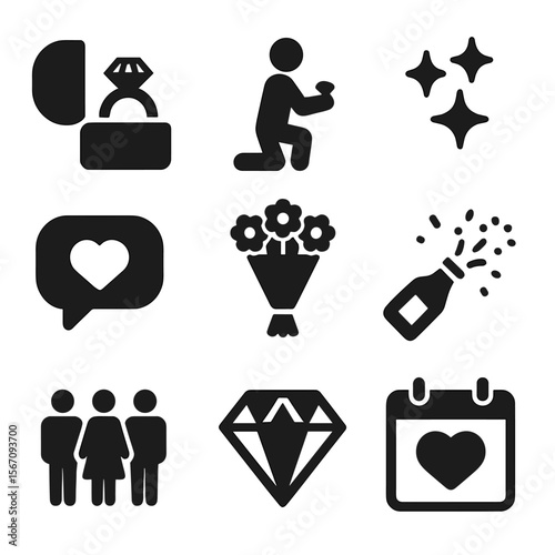 Iconic Engagement Moments. Solid, filled icons set of proposal and engagement moments: ring box, kneeling