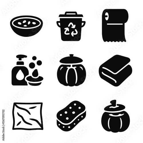 Iconic Pumpkin Cleaning. Solid, filled icons set of post-carving cleanup and care: seed bowl, compost bin,
