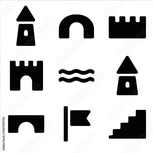 Sandcastle Icon Grid. Solid, filled icon set of sandcastle architectural features: tower, arch, wall, gate, moat, turret, bridge,