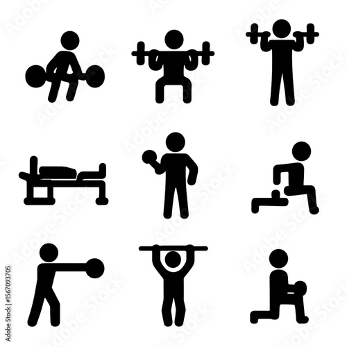 Strength Training Icons. Solid, filled icon set of strength training exercises: deadlift, squat, bench press, overhead press,
