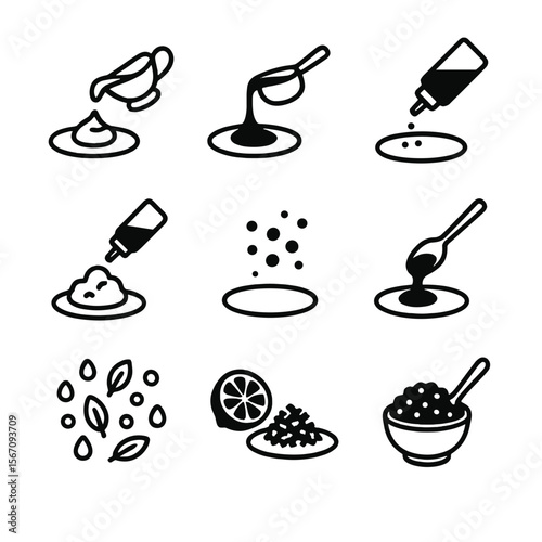 Sauce Icon Grid. Solid, filled icon set of plating sauces and toppings: béchamel, reduction, coulis, foam, glaze, crumble,