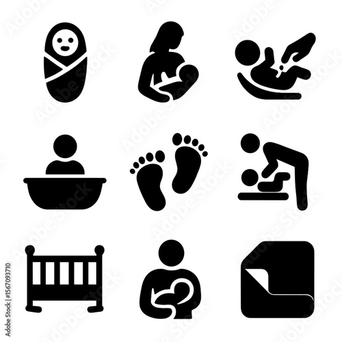 Newborn Care Icons. Solid, filled icon set of newborn care after birth: baby swaddle, breastfeeding icon, umbilical care, first