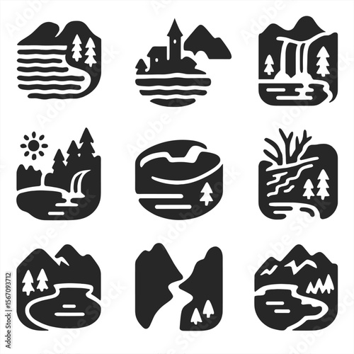 Iconic Water Lakes. Solid, filled icons set of international clear water lakes: Lake Tahoe icon, Lake Bled,