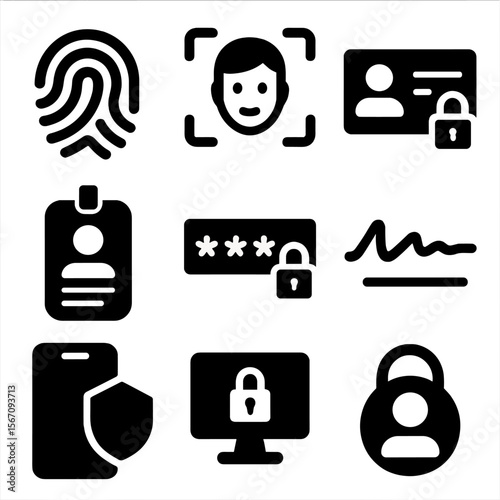 Identity Protection Icons. Solid, filled icons set of identity protection and authentication: fingerprint icon